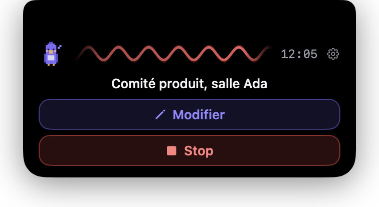 L'île pendant l'enregistrement : chronomètre, vague sonore, boutons Modifier et Stop.